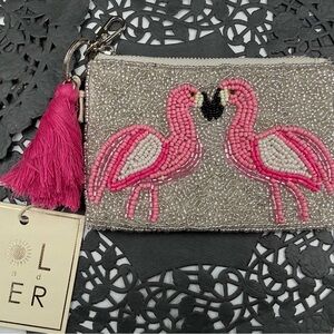 Sol & Mer Pink Flamingo Beaded Coin Pouch Tassel Zip Coin purse Statement NWT